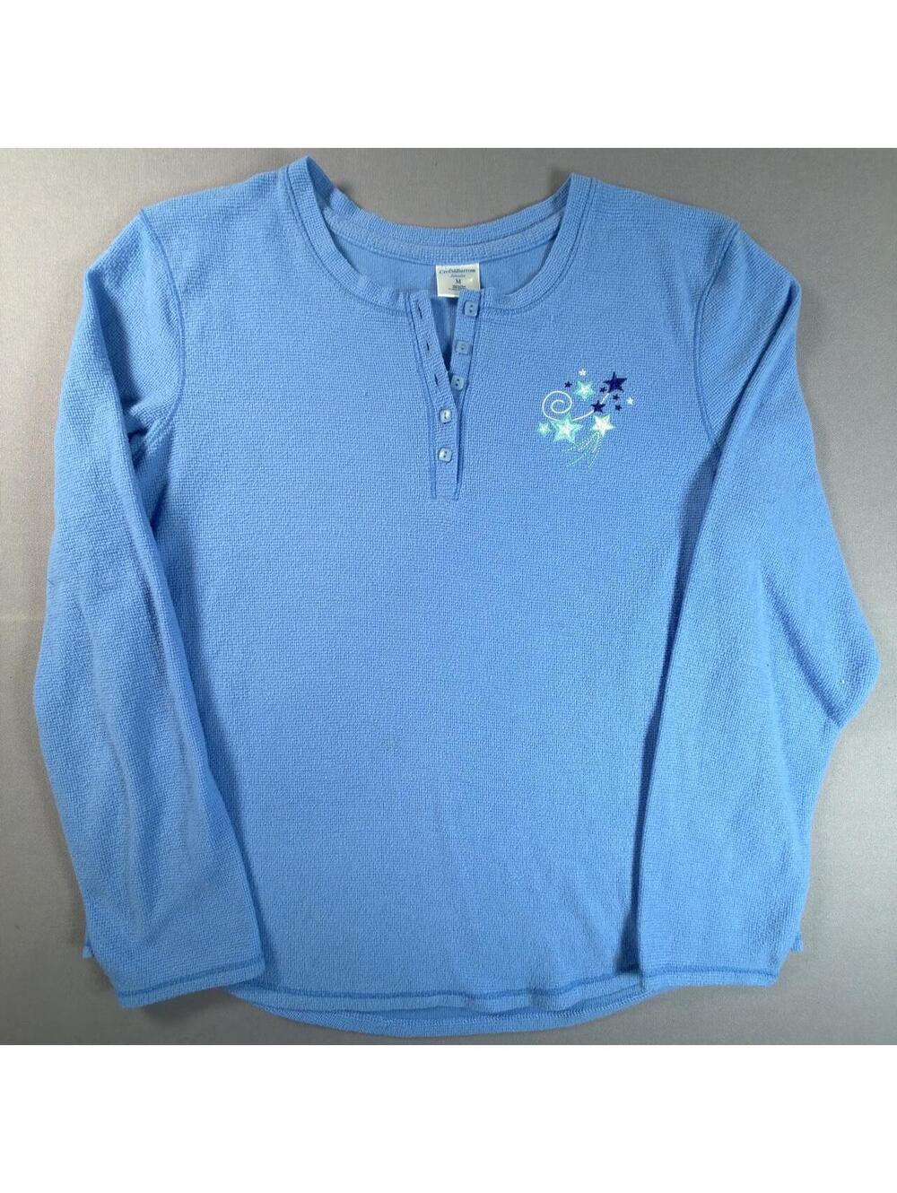 Croft & Barrow Waffle Knit Henley Blue Star Embroidered Thermal Womens M